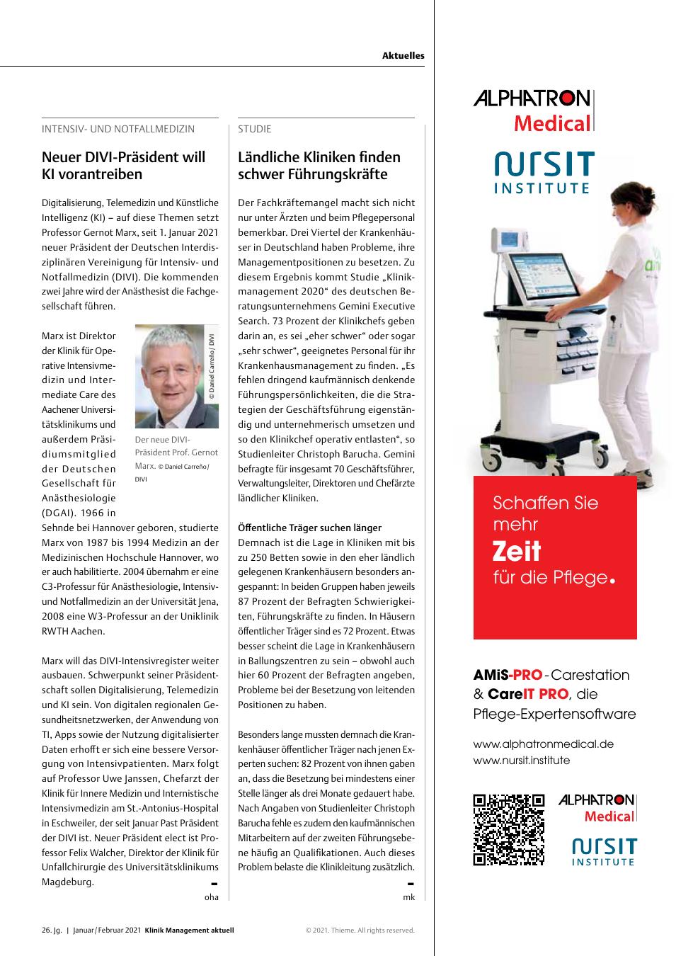 Vorschauseite 1: Studie: Ländliche Kliniken finden schwer Führungskräfte
