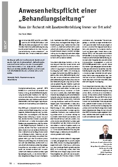Vorschauseite 1: Anwesenheitspflicht einer „Behandlungsleitung“ Muss der Facharzt mit Zusatzweiterbildung immer vor Ort sein?