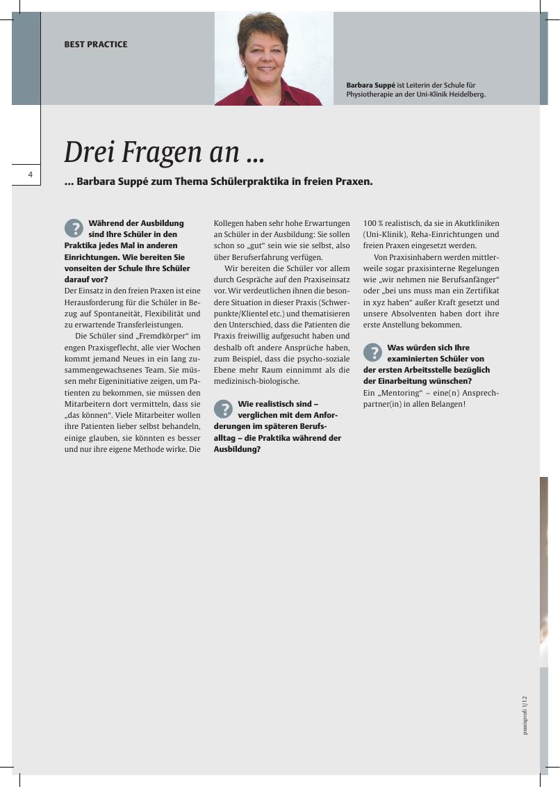 Vorschauseite 1: Drei Fragen an. .. Barbara Suppé zum Thema Schülerpraktika in freien Praxen.