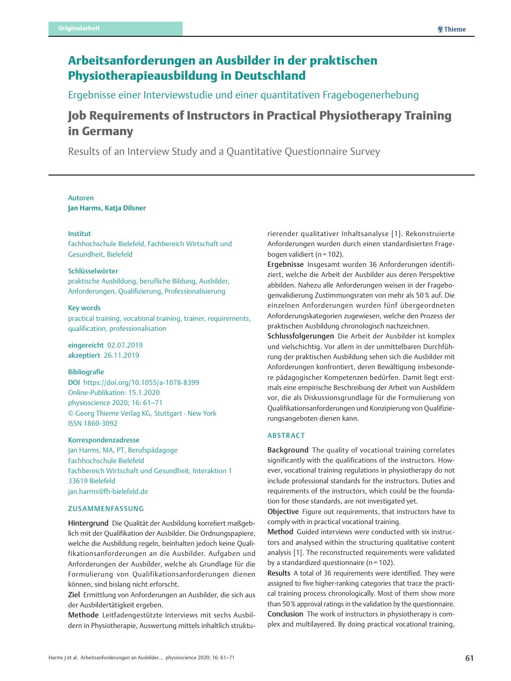 Vorschauseite 1: Arbeitsanforderungen an Ausbilder in der praktischen Physiotherapieausbildung in Deutschland – Ergebnisse einer Interviewstudie und einer quantitativen Fragebogenerhebung