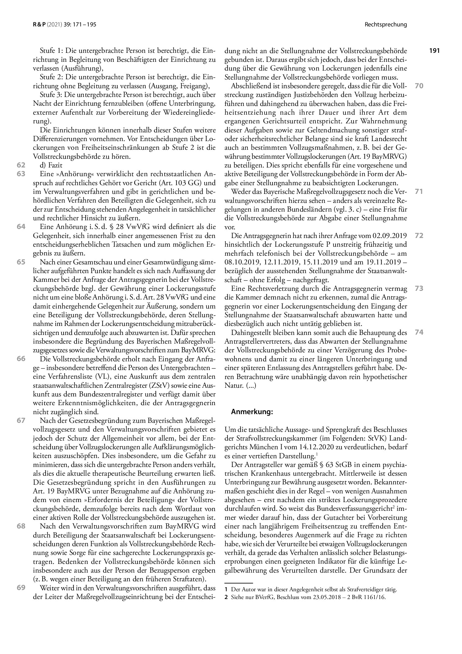 Vorschauseite 6: Maßregelvollzug; Beteiligung der Staatsanwaltschaft als Vollstreckungsbehörde bei Lockerungsentscheidungen