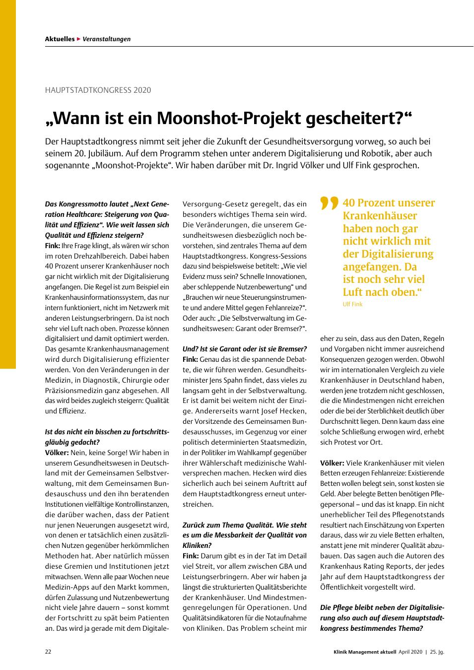 Vorschauseite 1: HAUPTSTADTKONGRESS 2020: „Wann ist ein Moonshot-Projekt gescheitert?“
