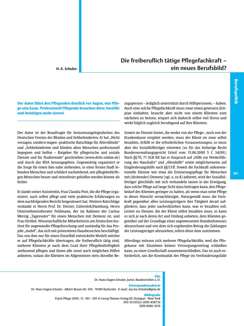 Vorschauseite 1: Die freiberuflich tätige Pflegefachkraft - ein neues Berufsbild?