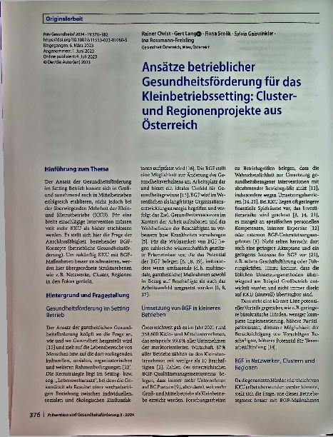 Vorschauseite 1: Ansätze betrieblicher Gesundheitsförderung für das Kleinbetriebssetting: Clusterund Regionenprojekte aus Österreich