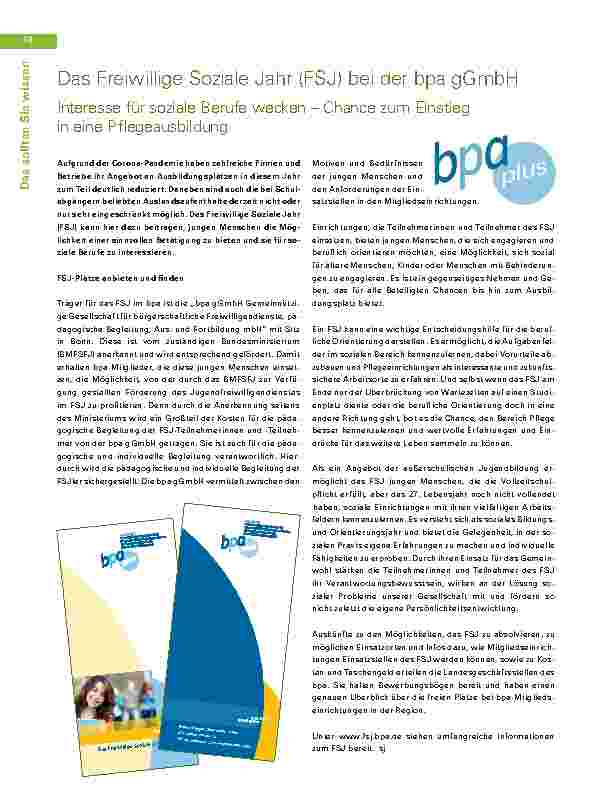 Vorschauseite 1: Das Freiwillige Soziale Jahr (FSJ) bei der bpa gGmbH Interesse für soziale Berufe wecken – Chance zum Einstieg in eine Pflegeausbildung.