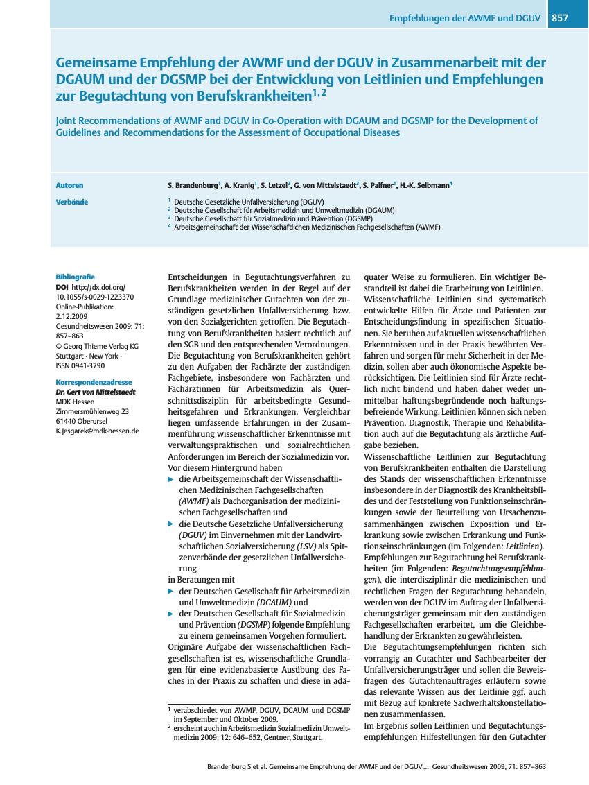 Vorschauseite 1: Gemeinsame Empfehlung der AWMF und der DGUV in Zusammenarbeit mit der DGAUM und der DGSMP bei der Entwicklung von Leitlinien und Empfehlungen zur Begutachtung von Berufskrankheiten