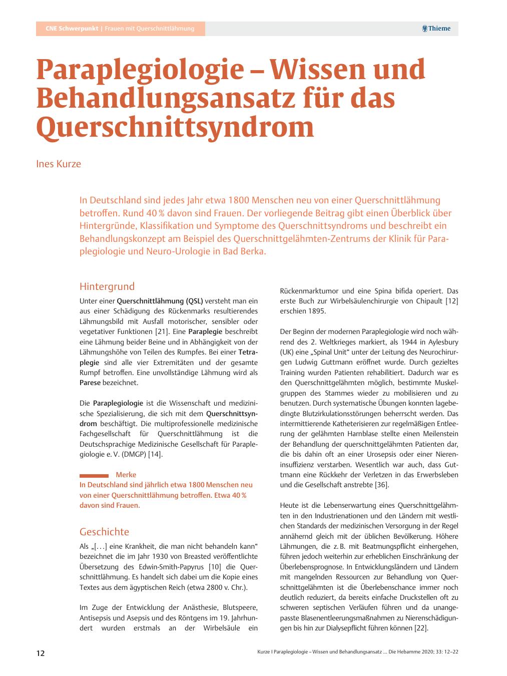 Vorschauseite 1: Paraplegiologie – Wissen und Behandlungsansatz für das Querschnittssyndrom