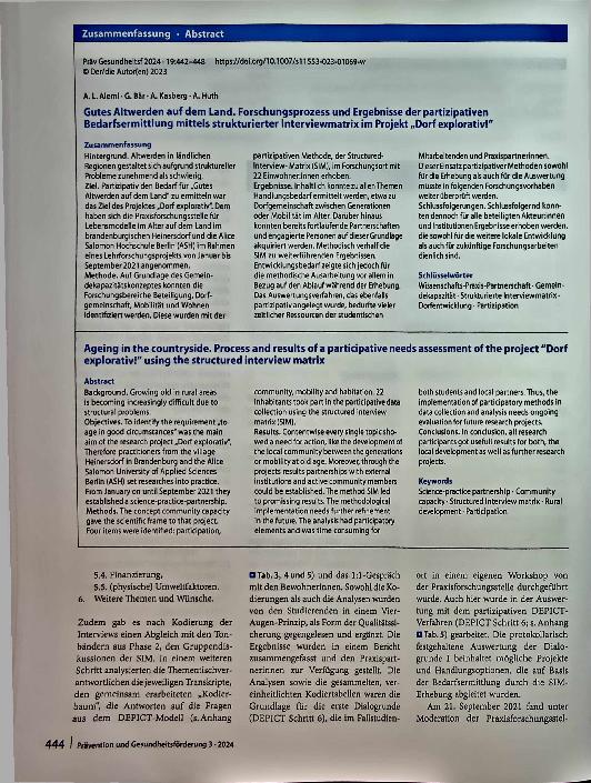 Vorschauseite 3: Gutes Altern auf dem Land: Forschungsprozess und Ergebnisse der partizipativen Bedarfsermittlung mittels strukturierter Interviewmatrix im Projekt „Dorf explorativ“