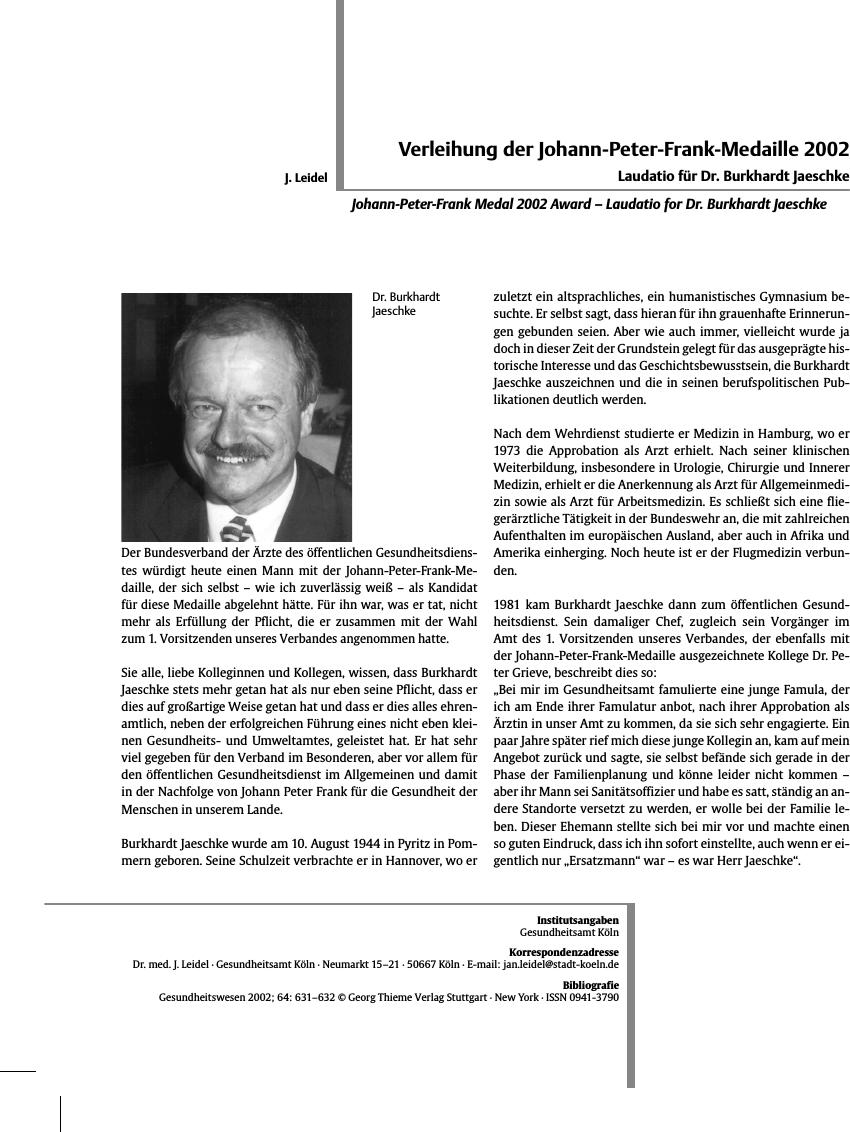 Vorschauseite 1: Verleihung der Johann-Peter-Frank-Medaille 2002