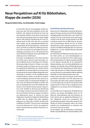 Vorschauseite 1: Neue Perspektiven auf KI für Bibliotheken, Klappe die zweite (2026)