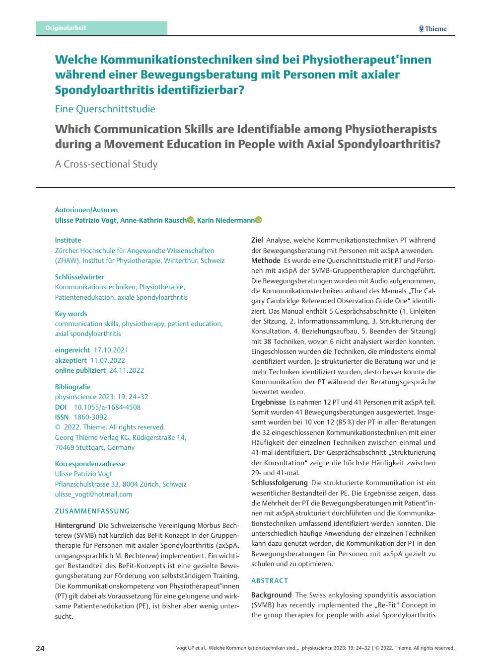 Vorschauseite 1: Welche Kommunikationstechniken sind bei Physiotherapeut*innen während einer Bewegungsberatung mit Personen mit axialer Spondyloarthritis identifizierbar? – Eine Querschnittsstudie