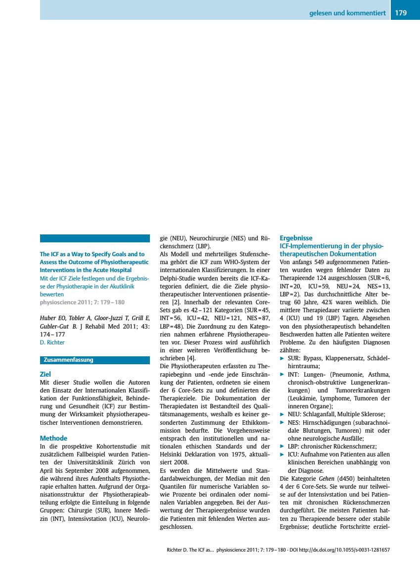 Vorschauseite 1: The ICF as a Way to Specify Goals and to Assess the Outcome of Physiotherapeutic Interventions in the Acute Hospital