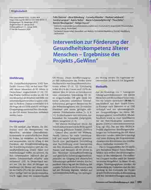 Vorschauseite 1: Intervention zur Förderung der Gesundheitskompetenz älterer Menschen - Ergebnisse des Projekts „GeWinn"