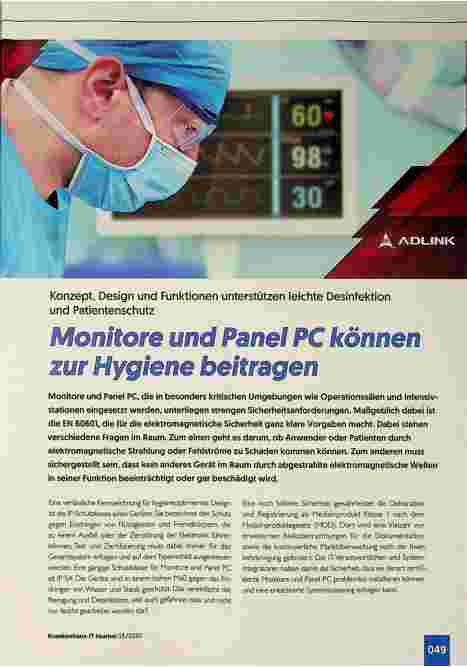 Vorschauseite 1: Konzept, Design und Funktionen unterstützen leichte Desinfektion und Patientenschutz. Monitore und Panel-PCs können zur Hygiene beitragen.