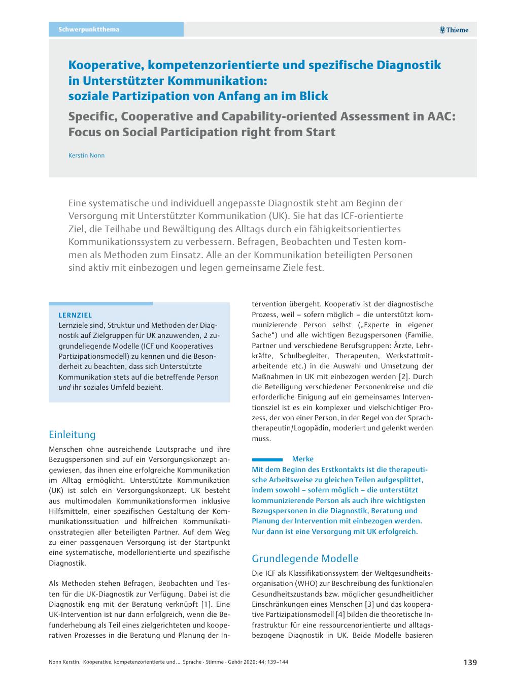 Vorschauseite 1: Kooperative, kompetenzorientierte und spezifische Diagnostik in Unterstützter Kommunikation: soziale Partizipation von Anfang an im Blick