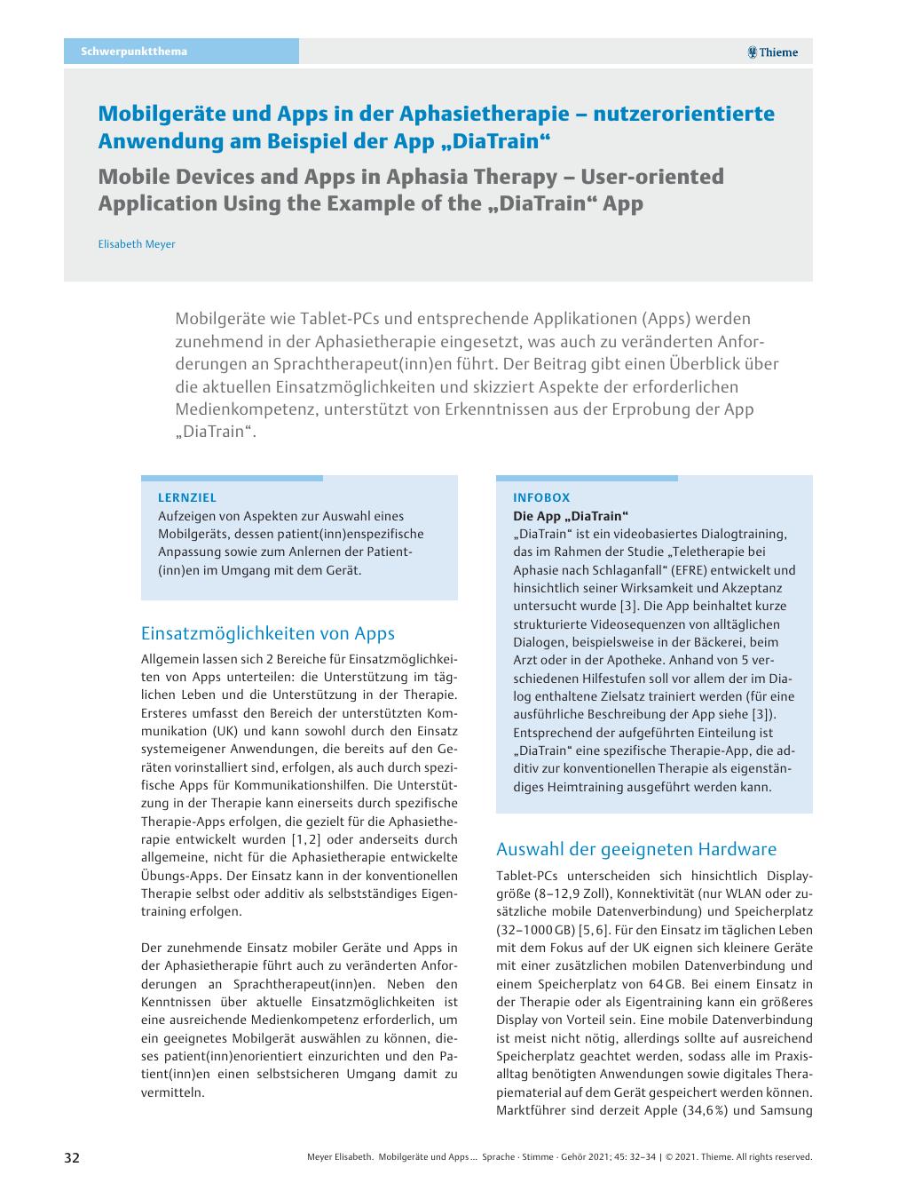Vorschauseite 1: Mobilgeräte und Apps in der Aphasietherapie – nutzerorientierte Anwendung am Beispiel der App "DiaTrain"