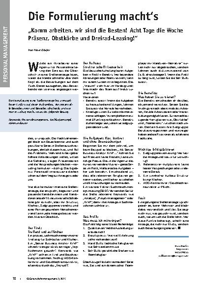 Vorschauseite 1: Die Formulierung macht‘s „Komm arbeiten, wir sind die Besten! Acht Tage die Woche Präsenz, Obstkörbe und Dreirad-Leasing! “
