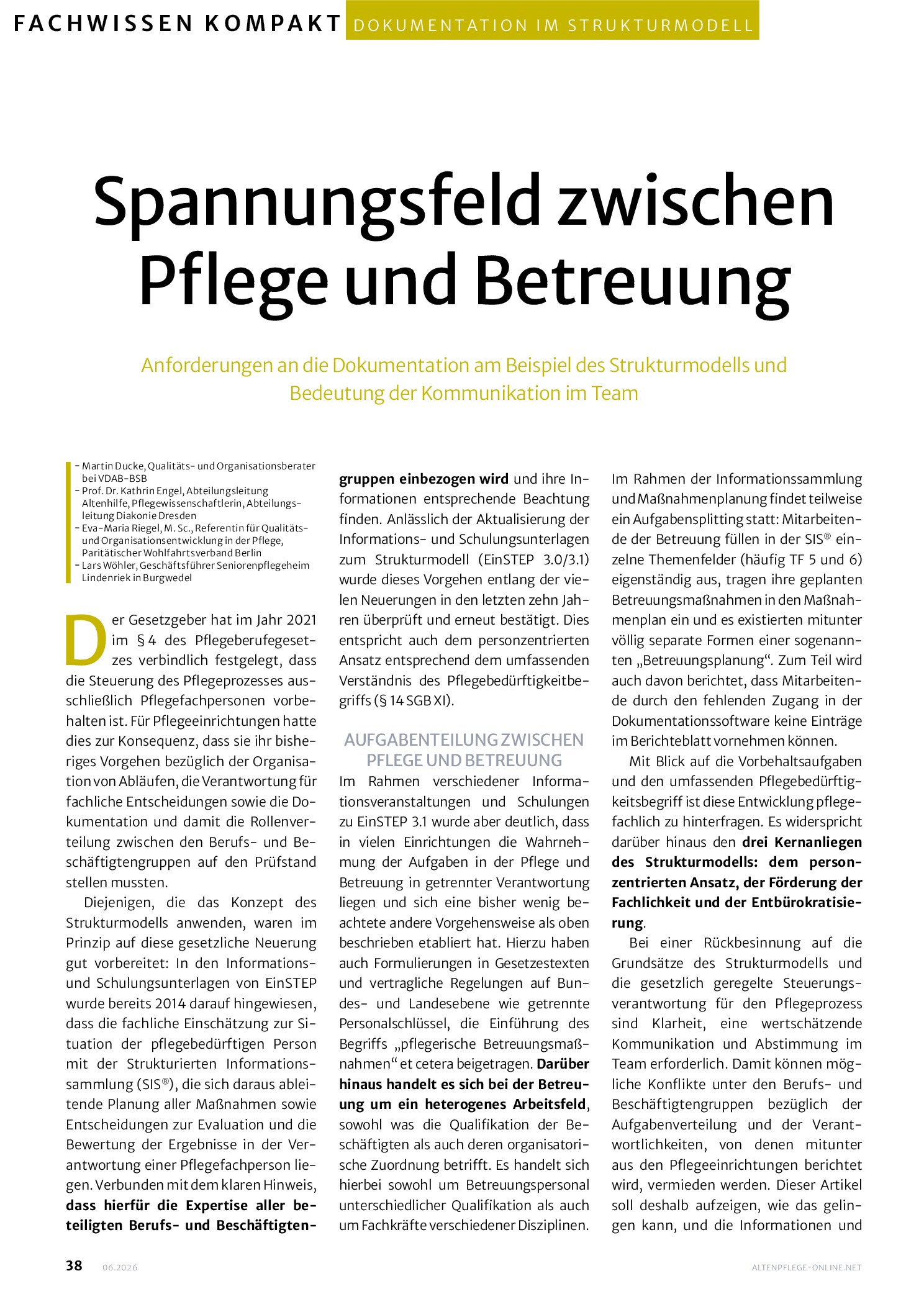 Vorschauseite 1: Spannungsfeld zwischen Pflege und Betreuung