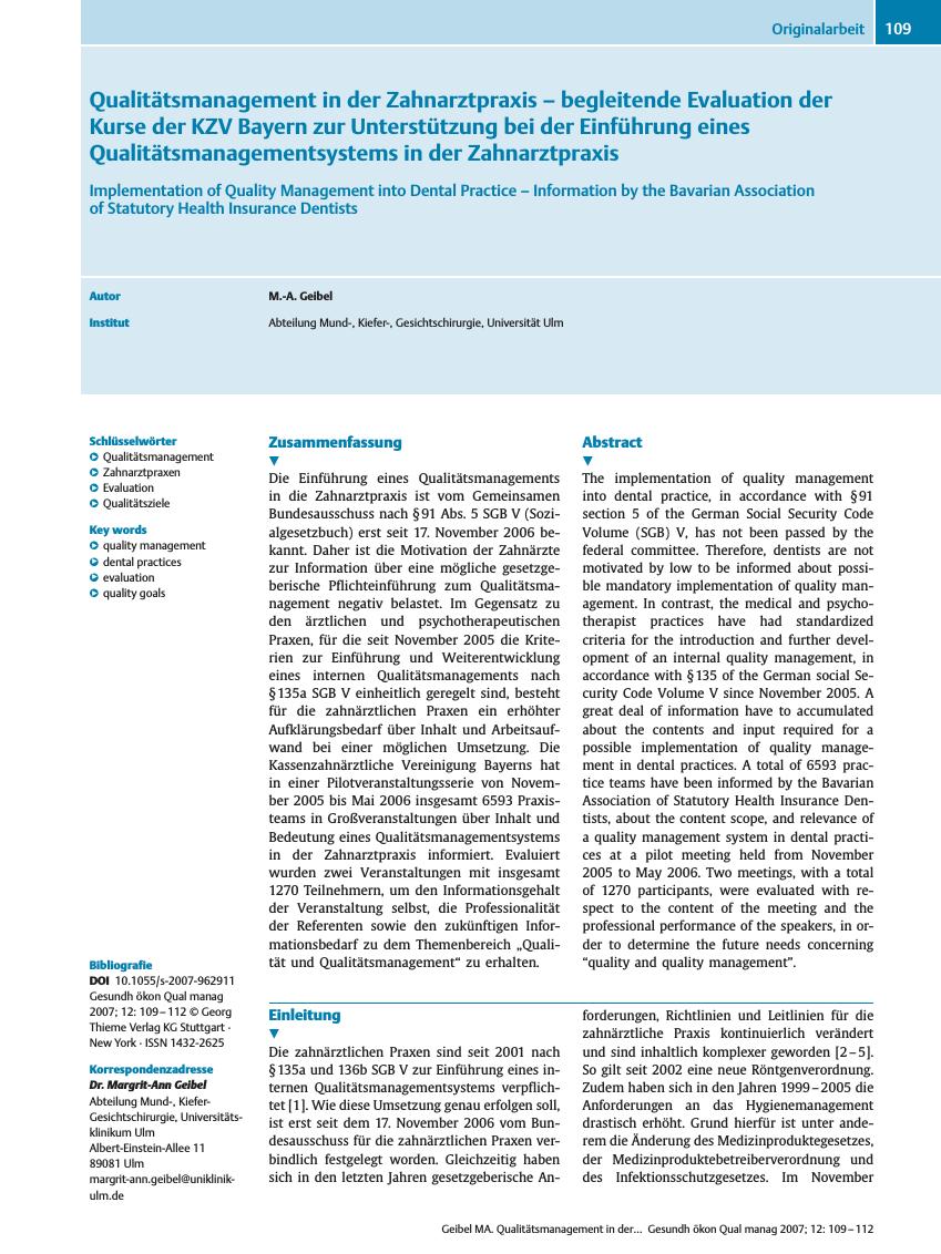 Vorschauseite 1: Qualitätsmanagement in der Zahnarztpraxis - begleitende Evaluation der Kurse der KZV Bayern zur Unterstützung bei der Einführung eines Qualitätsmanagementsystems in der Zahnarztpr…