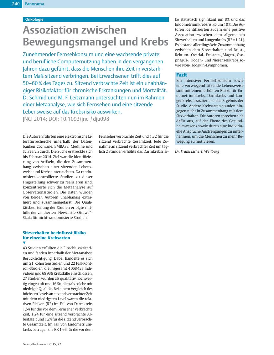 Vorschauseite 1: Assoziation zwischen Bewegungsmangel und Krebs