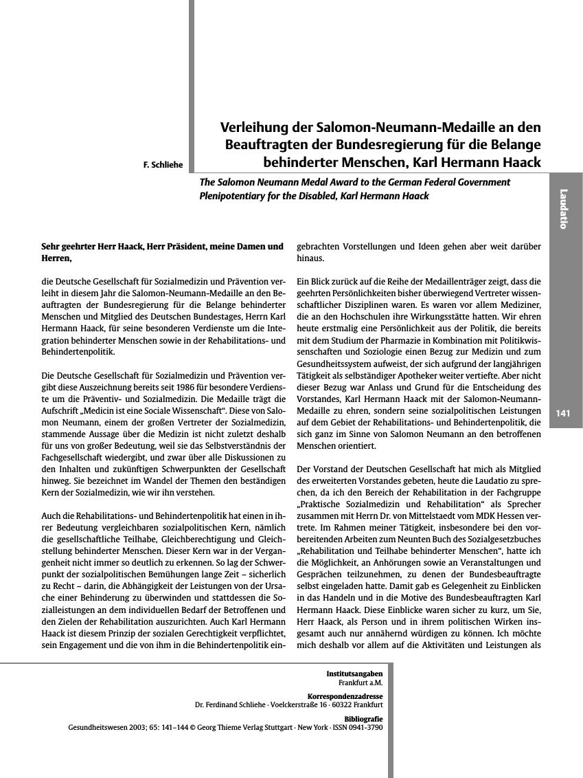 Vorschauseite 1: Verleihung der Salomon-Neumann-Medaille an den Beauftragten der Bundesregierung für die Belange behinderter Menschen, Karl Hermann Haack