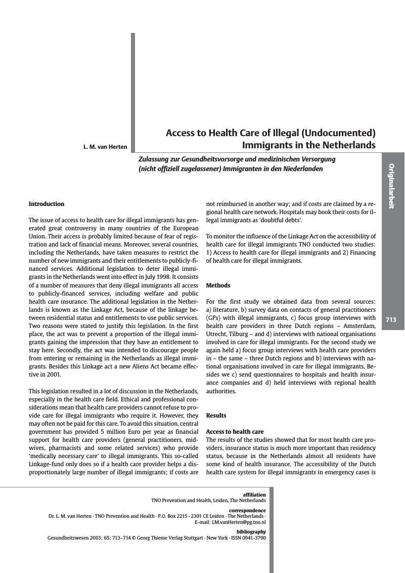 Vorschauseite 1: Access to Health Care of Illegal (Undocumented) Immigrants in the Netherlands