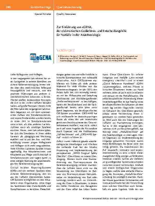 Vorschauseite 1: Zur Einführung von eGena, der elektronischen Gedächtnisund Entscheidungshilfe für Notfälle in der Anästhesiologie.