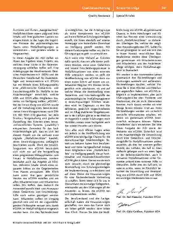 Vorschauseite 2: Zur Einführung von eGena, der elektronischen Gedächtnisund Entscheidungshilfe für Notfälle in der Anästhesiologie.