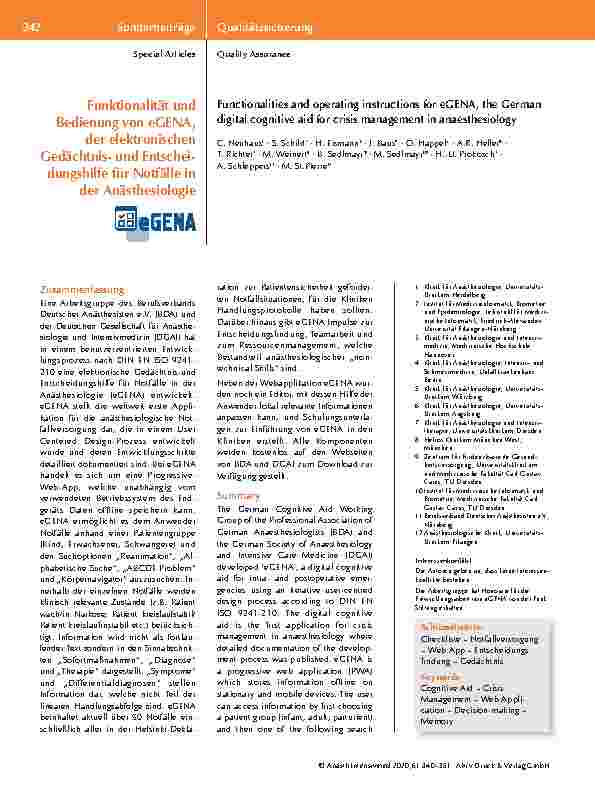 Vorschauseite 3: Zur Einführung von eGena, der elektronischen Gedächtnisund Entscheidungshilfe für Notfälle in der Anästhesiologie.