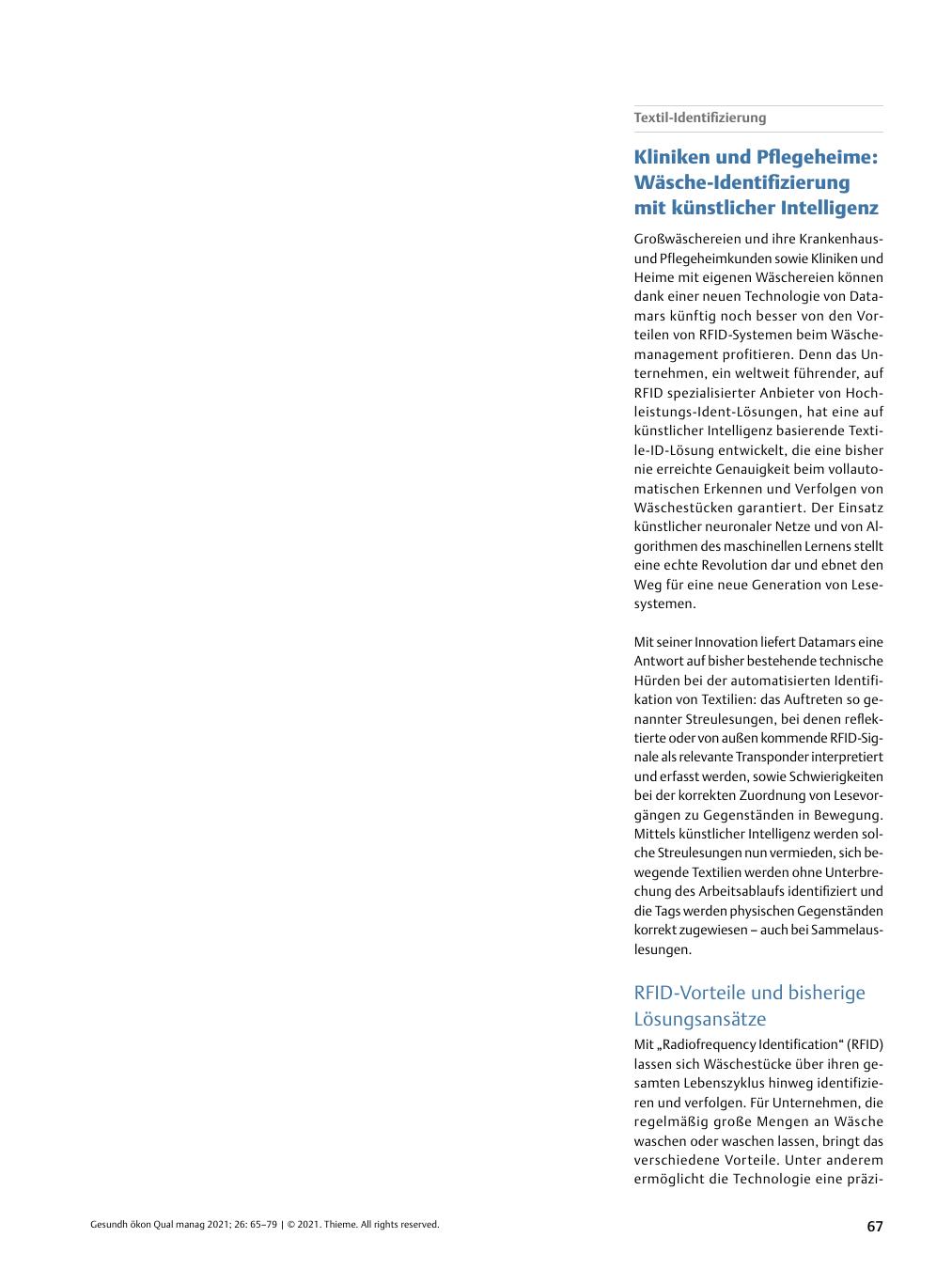 Vorschauseite 1: Textil-Identifizierung - Kliniken und Pflegeheime: Wäsche-Identifizierung mit künstlicher Intelligenz