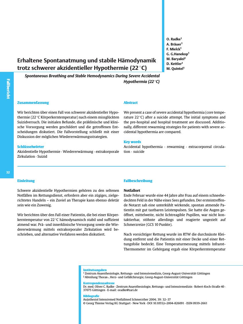 Vorschauseite 1: Erhaltene Spontanatmung und stabile Hämodynamik trotz schwerer akzidentieller Hypothermie (22 °C)