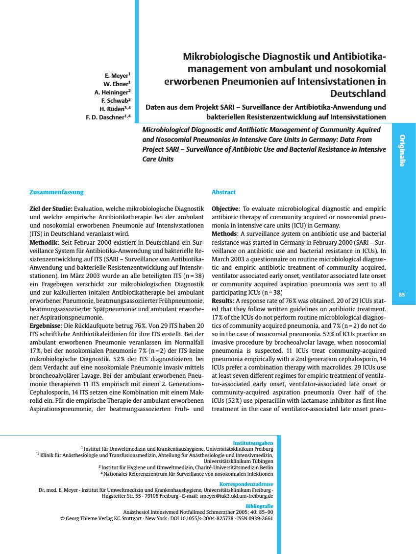 Vorschauseite 1: Mikrobiologische Diagnostik und Antibiotikamanagement von ambulant und nosokomial erworbenen Pneumonien auf Intensivstationen in Deutschland
