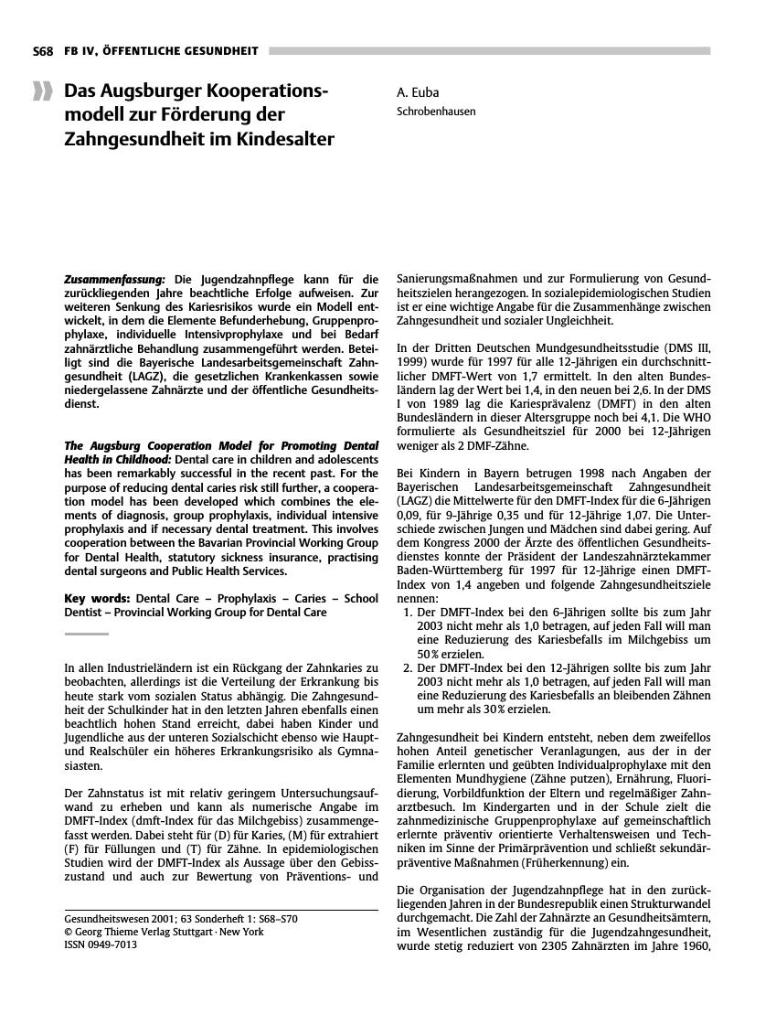 Vorschauseite 1: Das Augsburger Kooperationsmodell zur Förderung der Zahngesundheit im Kindesalter