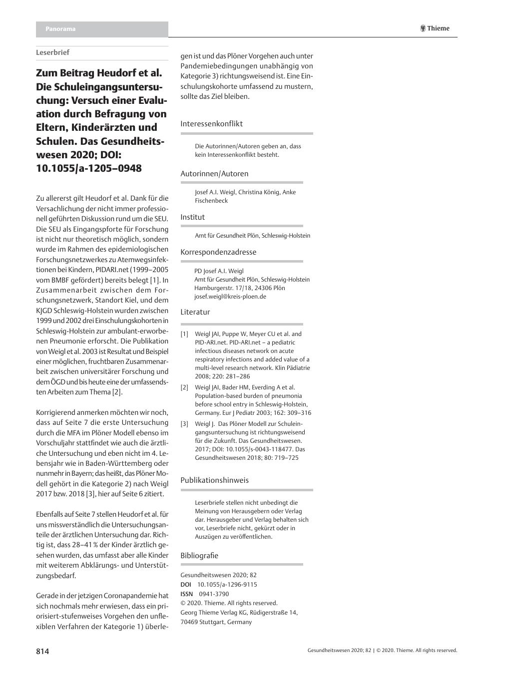 Vorschauseite 1: Zum Beitrag Heudorf et al. Die Schuleingangsuntersuchung: Versuch einer Evaluation durch Befragung von Eltern, Kinderärzten und Schulen. Das Gesundheitswesen 2020; DOI: 10.1055/a-…