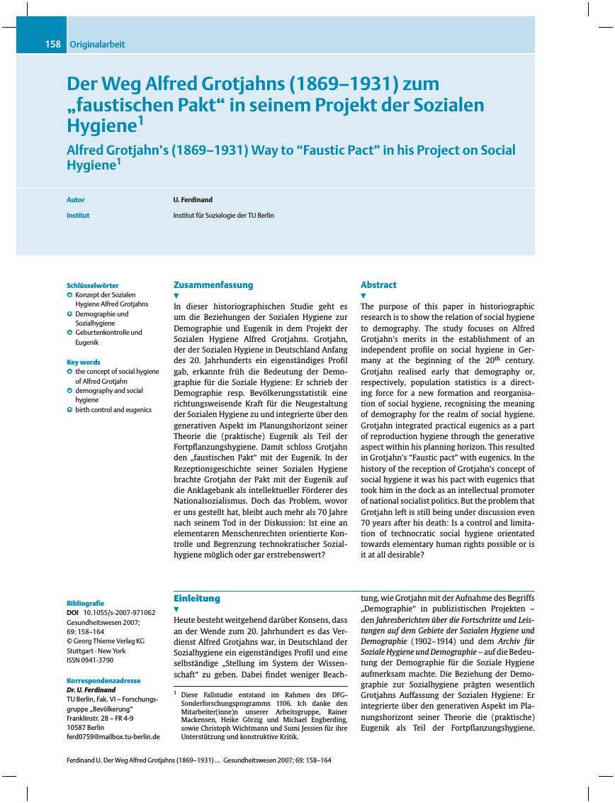 Vorschauseite 1: Der Weg Alfred Grotjahns (1869-1931) zum „faustischen Pakt” in seinem Projekt der Sozialen Hygiene