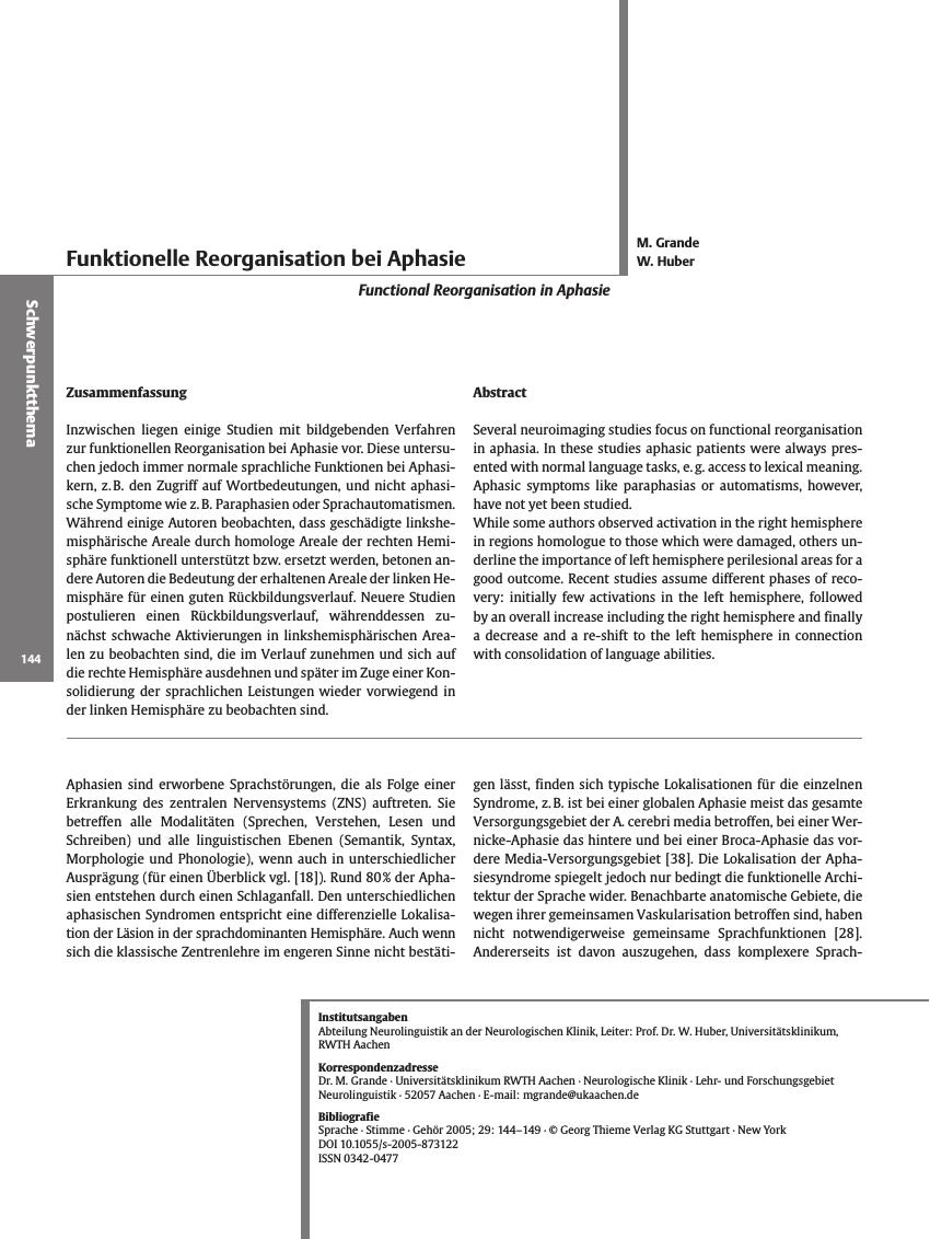 Vorschauseite 1: Funktionelle Reorganisation bei Aphasie