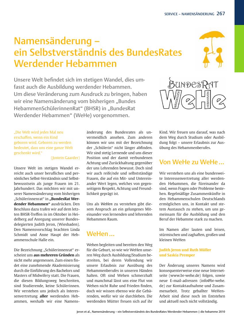 Vorschauseite 1: Namensänderung – ein Selbstverständnis des BundesRates Werdender Hebammen