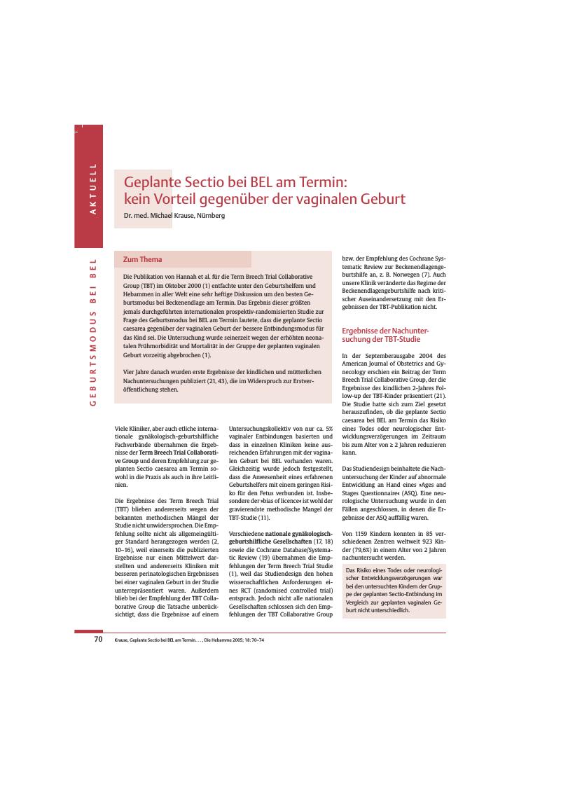 Vorschauseite 1: Geplante Sectio bei BEL am Termin: kein Vorteil gegenüber der vaginalen Geburt
