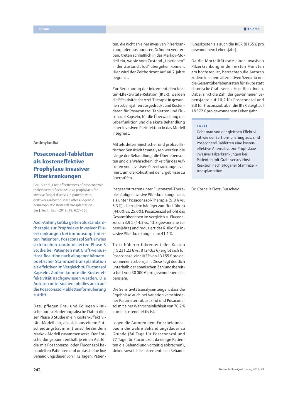 Vorschauseite 1: Antimykotika – Posaconazol-Tabletten als kosteneffektive Prophylaxe invasiver Pilzerkrankungen