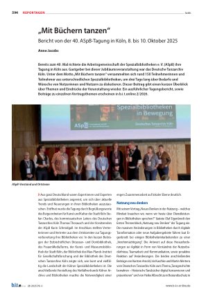 Vorschauseite 1: „Mit Büchern tanzen“ Bericht von der 40. ASpB-Tagung in Köln, 8. bis 10. Oktober 2025