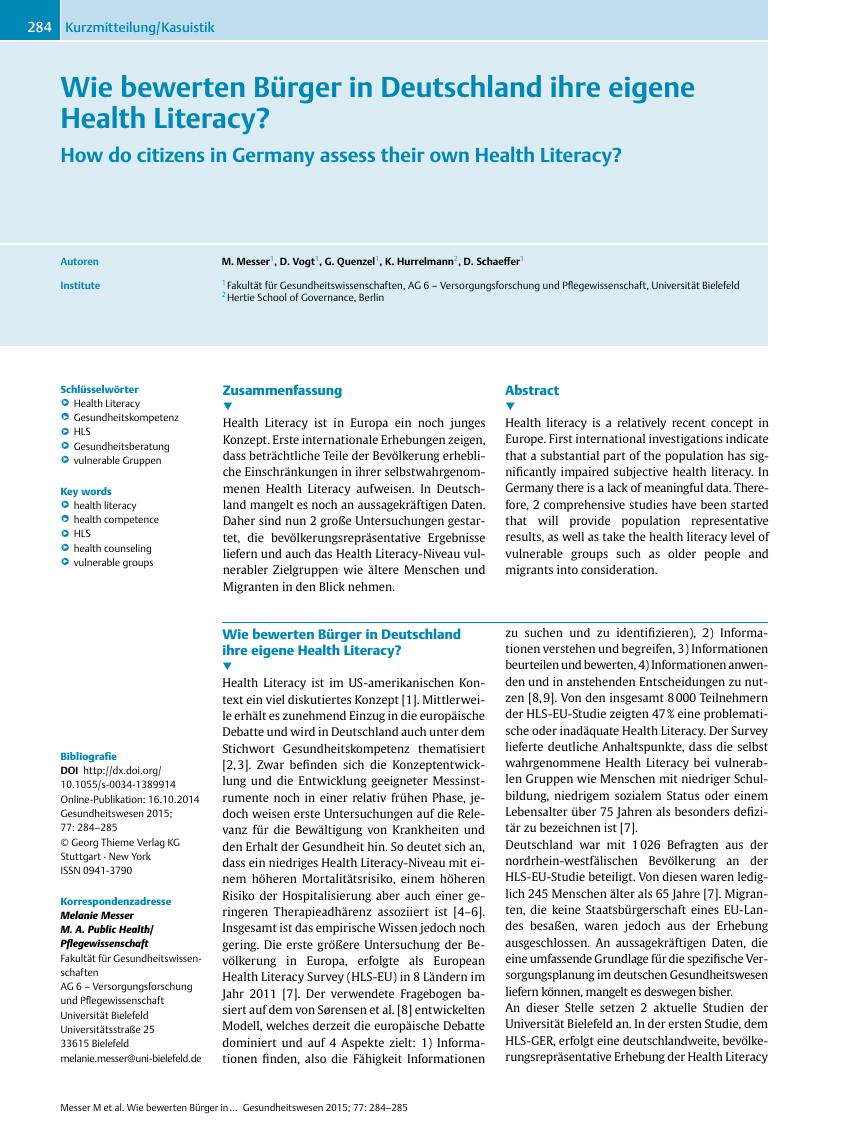 Vorschauseite 1: Wie bewerten Bürger in Deutschland ihre eigene Health Literacy?