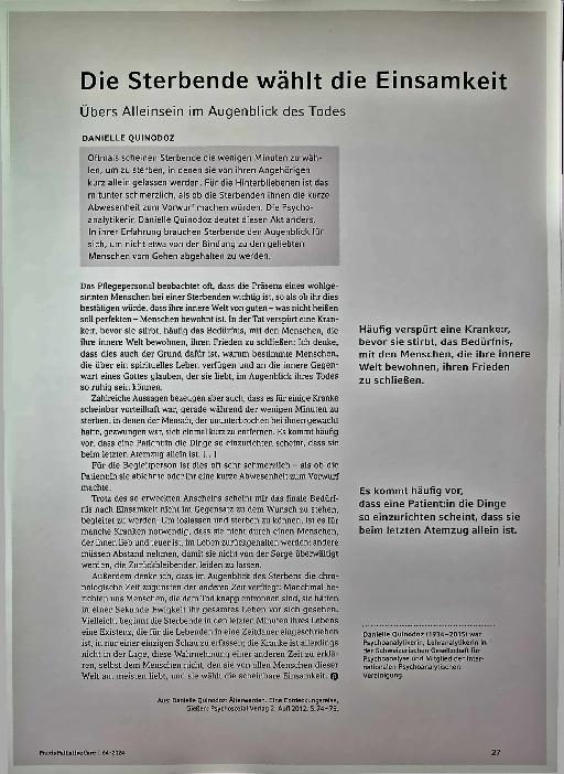 Vorschauseite 1: Die Sterbende wählt die Einsamkeit über das Alleinsein im Augenblick des Todes.