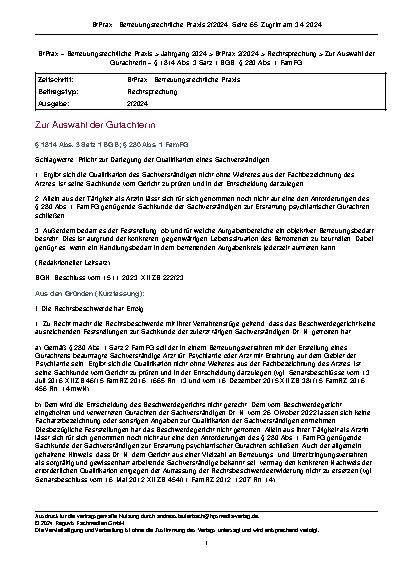 Vorschauseite 1: Zur Auswahl der Gutachterin Schlagworte: Pflicht zur Darlegung der Qualifikation eines Sachverständigen.