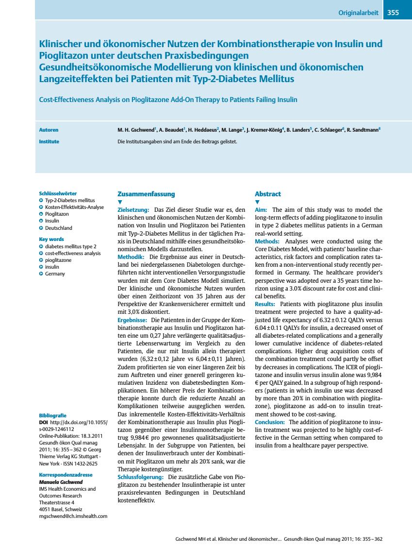 Vorschauseite 1: Klinischer und ökonomischer Nutzen der Kombinationstherapie von Insulin und Pioglitazon unter deutschen Praxisbedingungen Gesundheitsökonomische Modellierung von klinischen und ök…