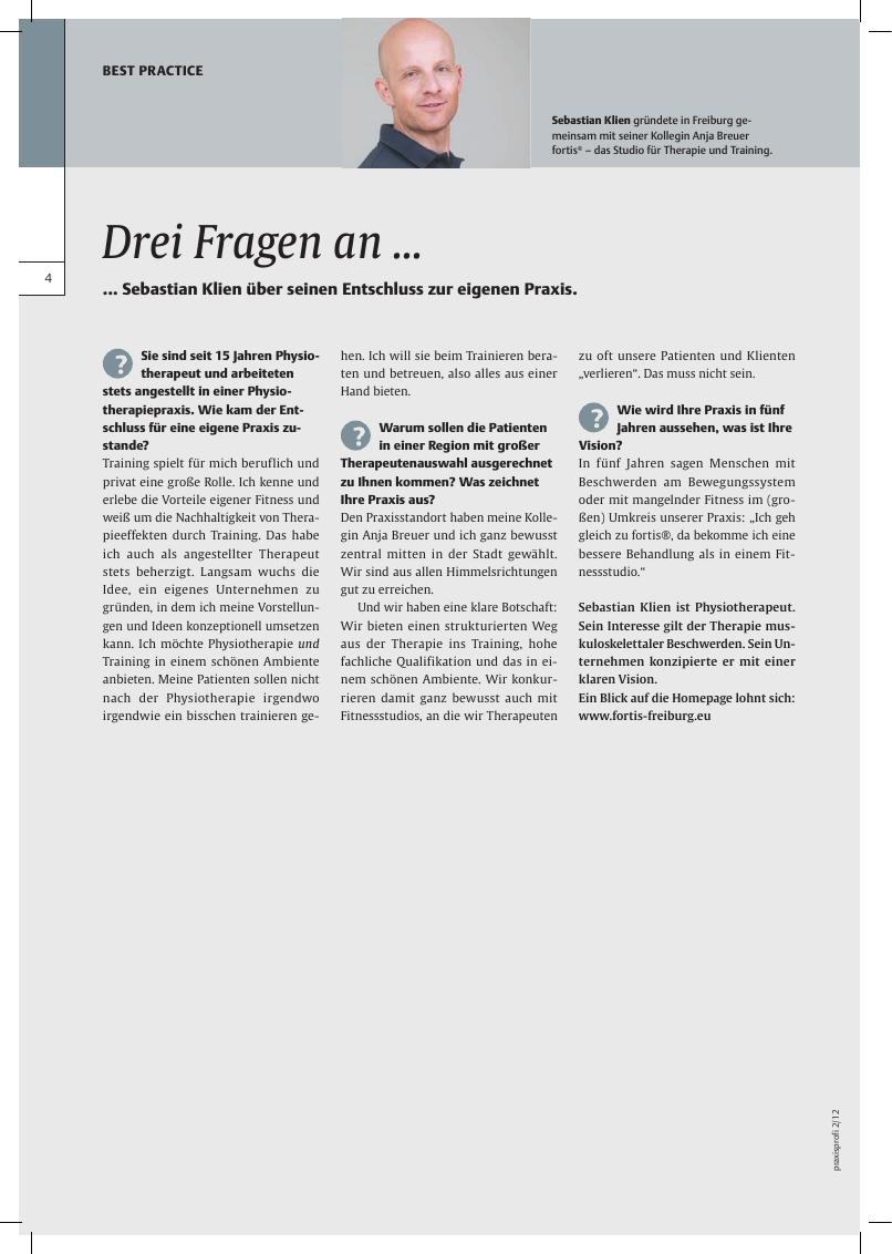Vorschauseite 1: Drei Fragen an ... Sebastian Klien über seinen Entschluss zur eigenen Praxis.