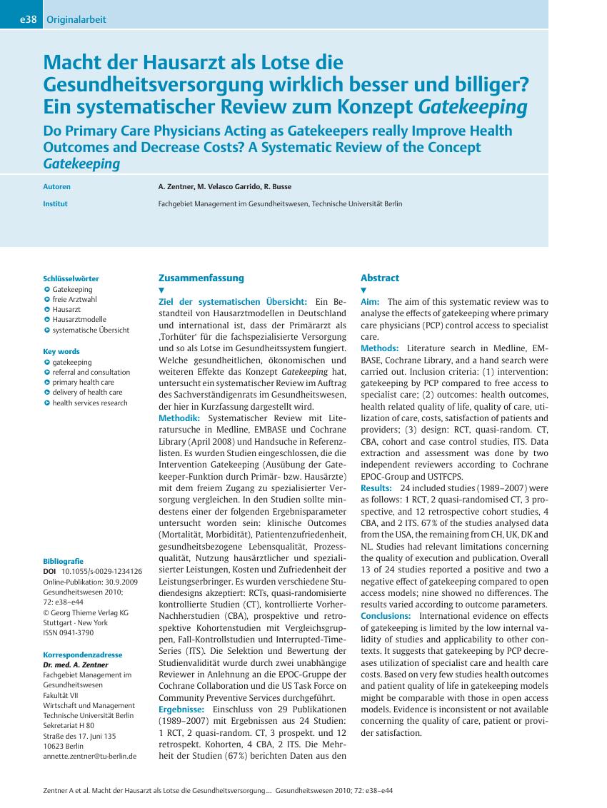 Vorschauseite 1: Macht der Hausarzt als Lotse die Gesundheitsversorgung wirklich besser und billiger? Ein systematischer Review zum Konzept Gatekeeping