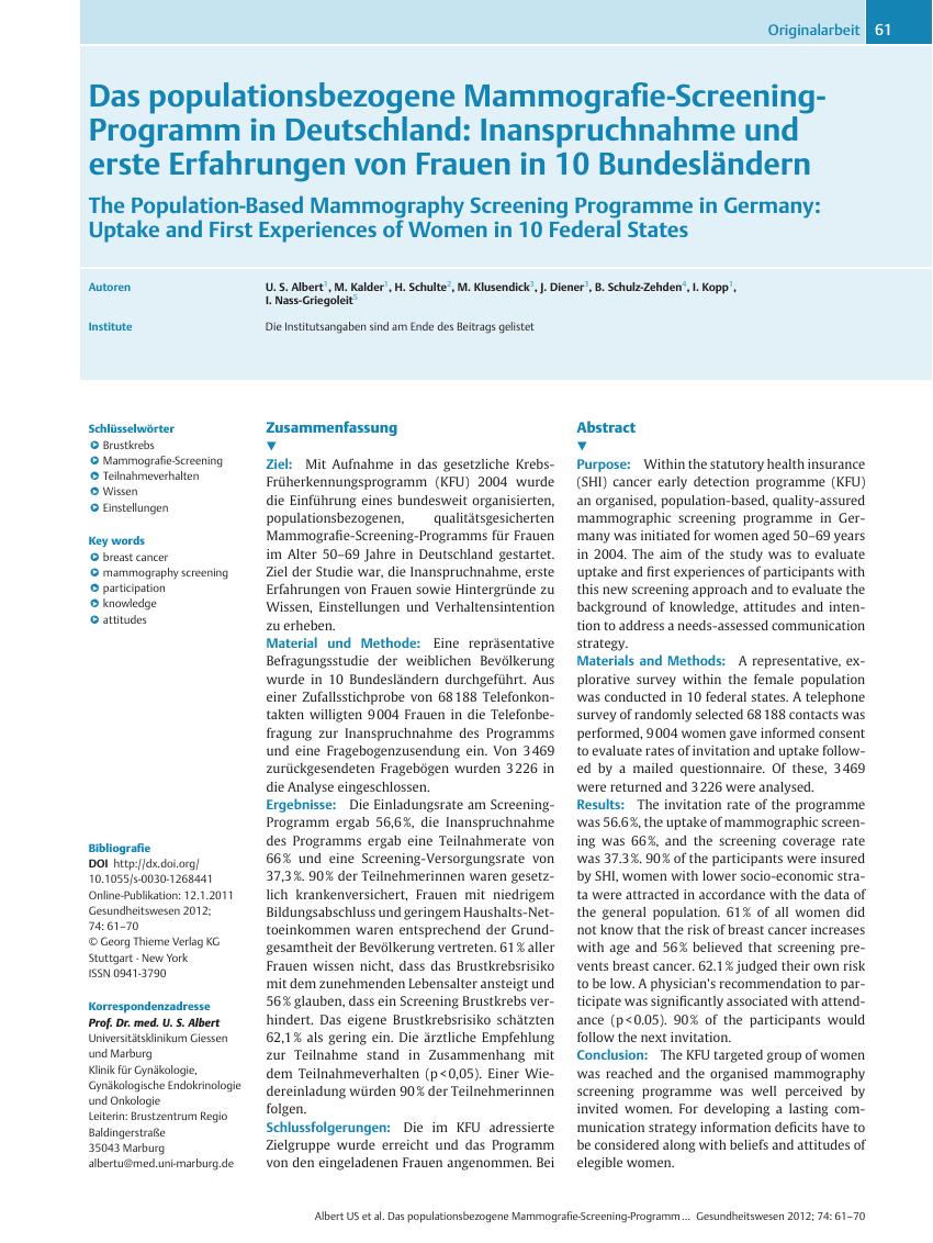Vorschauseite 1: Das populationsbezogene Mammografie-Screening-Programm in Deutschland: Inanspruchnahme und erste Erfahrungen von Frauen in 10 Bundesländern