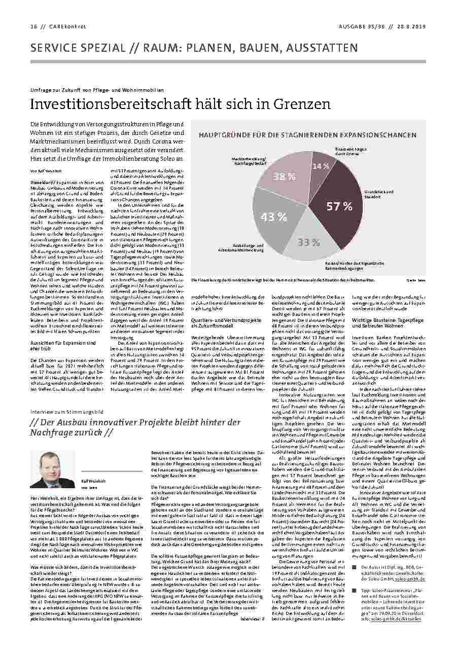 Vorschauseite 1: Umfrage zur Zukunft von Pflegeund Wohnimmobilien: Investitionsbereitschaft hält sich in Grenzen.