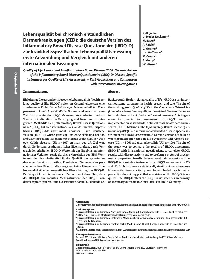 Vorschauseite 1: Lebensqualität bei chronisch entzündlichen Darmerkrankungen (CED): die deutsche Version des Inflammatory Bowel Disease Questionnaire (IBDQ-D) zur krankheitsspezifischen Lebensqual…