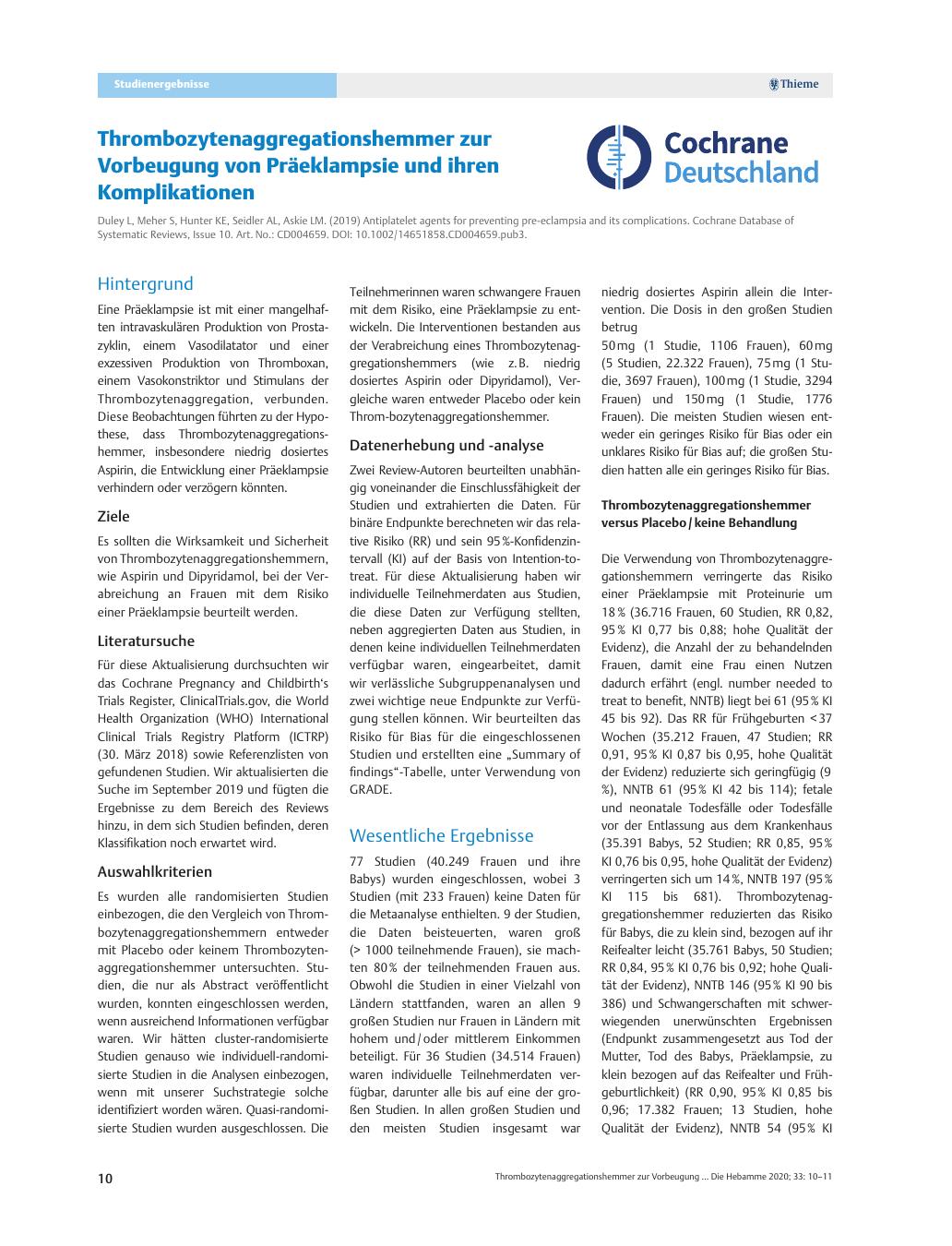 Vorschauseite 1: Thrombozytenaggregationshemmer zur Vorbeugung von Präeklampsie und ihren Komplikationen